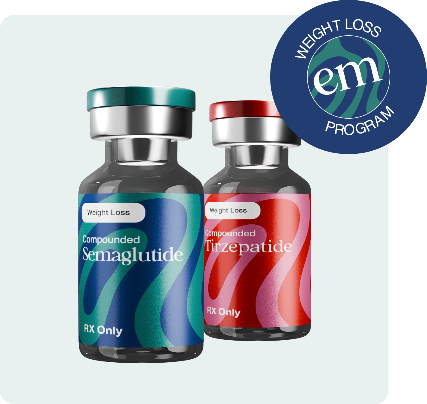 Compounded Semaglutide and Tirzepatide vials with weight loss program seal